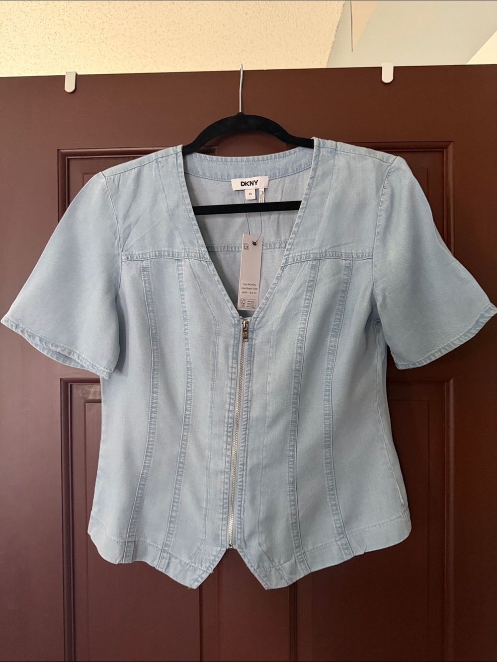 DKNY Light Blue Denim Zip-Front Short Sleeve Top